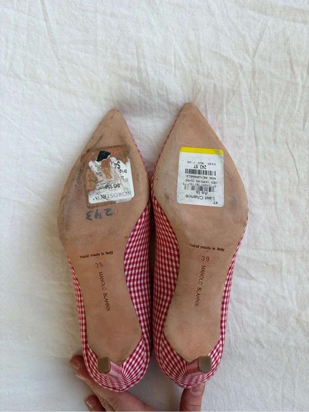 Manolo Blahnik Gingham Pointy Toe Heels Red White